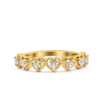 14K Yellow Gold Half Eternity Heart Ring Wedding Engagement Round Pave Band Simulated CZ Size 7